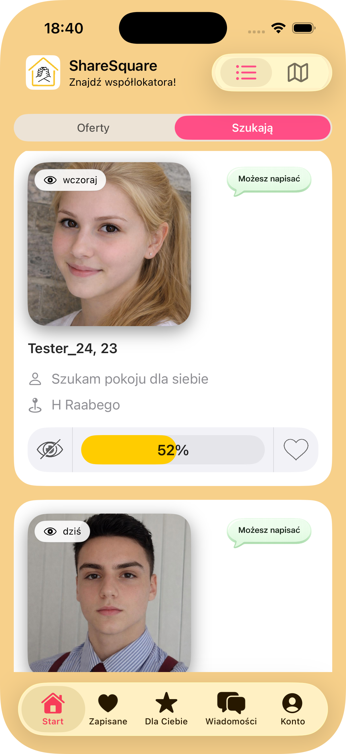 Widok ofert w aplikacji ShareSquare